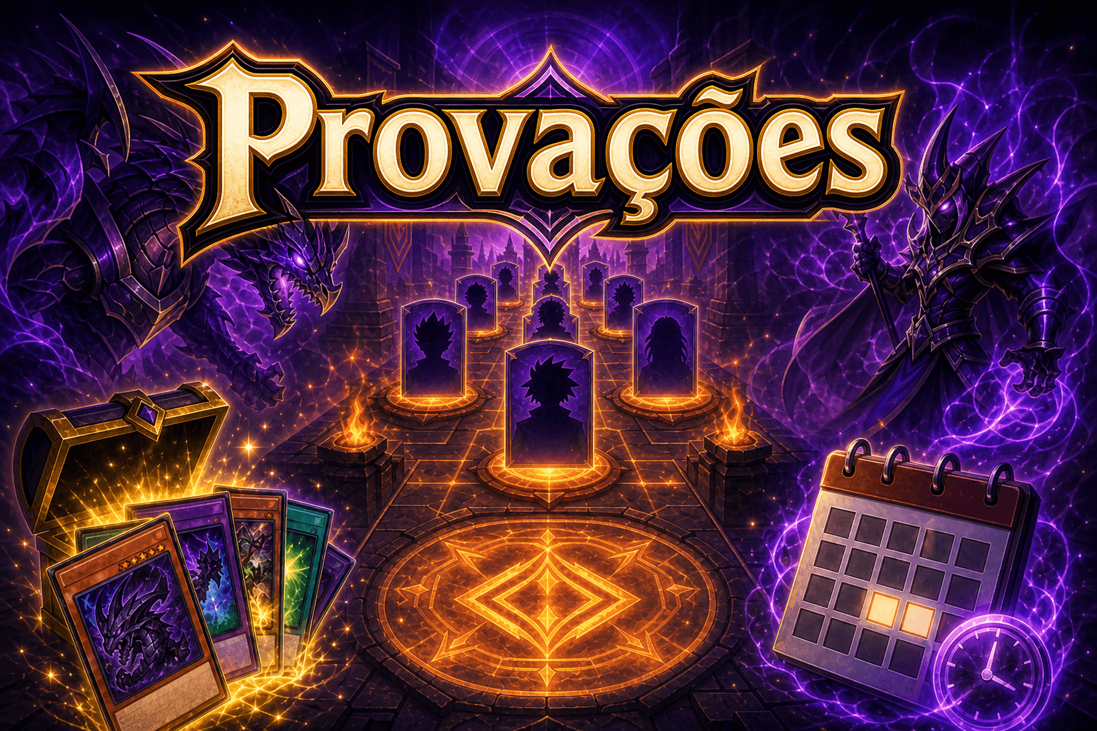 Ilustração de provações com duelistas em sequência e recompensas