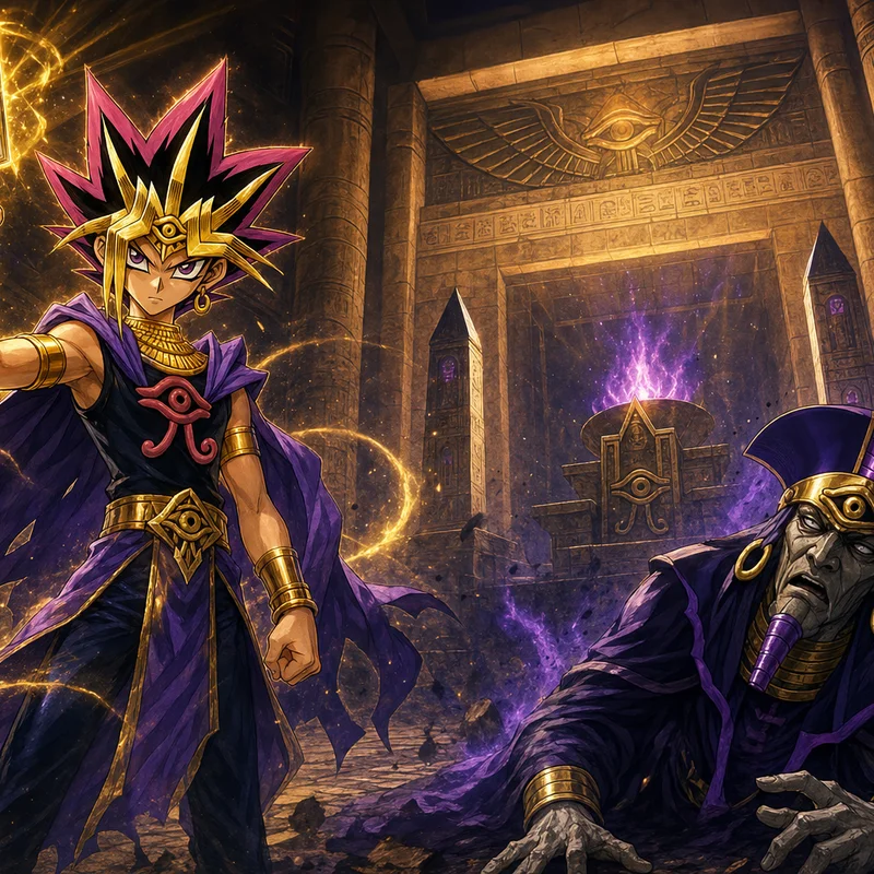 Atem vencendo Heishin em um duelo no templo egípcio