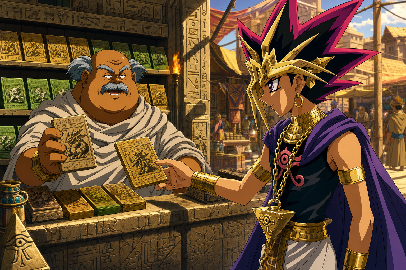 Mercador de cartas vendendo boosters ao Faraó Atem no mercado egípcio